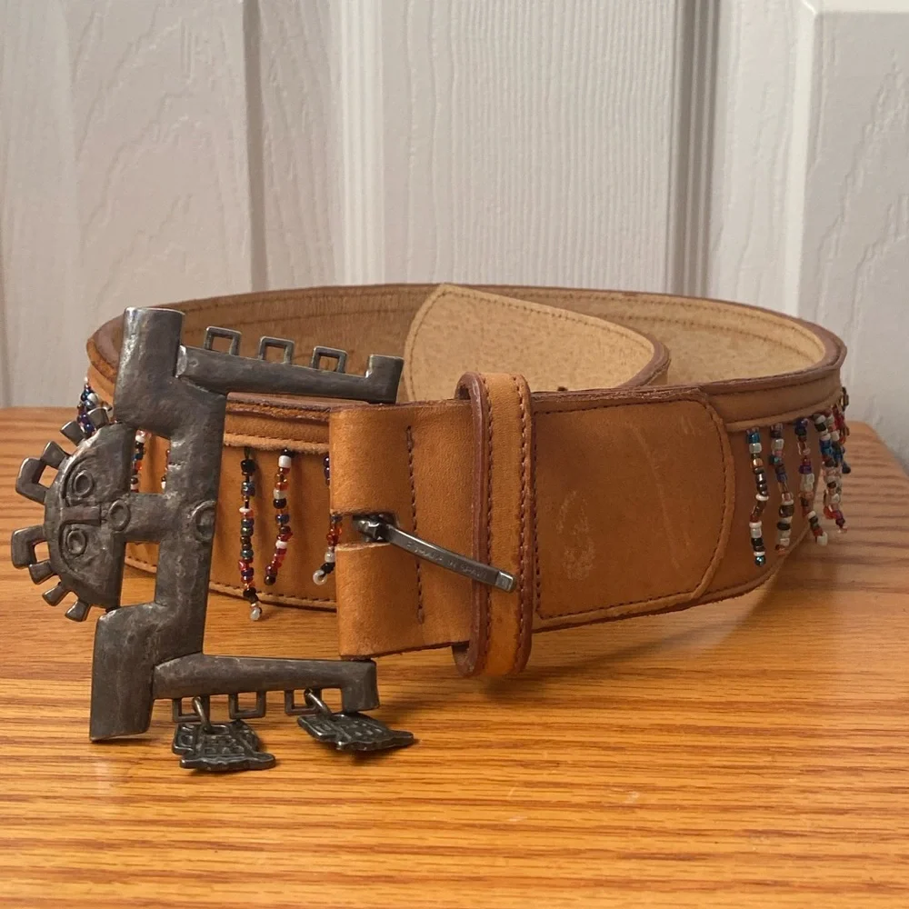 Catherine‎ Dial Easley Tan Leather Aztec Chunky  Buckle Beaded Western Belt SZ S